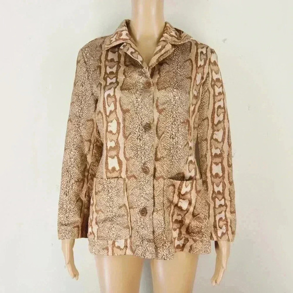 Vintage Sisley Italy Snake Skin Animal Print Tan Brown Satin Blazer Jacket - Picture 1 of 4